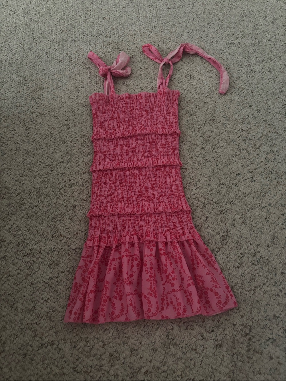 Pink Smocked Tiered Sundress with Tie Straps
